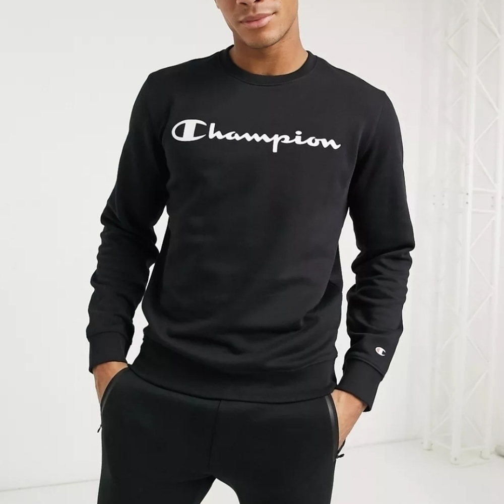 CHAMPION Logo Pullover Crewneck Sweatshirt, Unisex, Black With White Logo